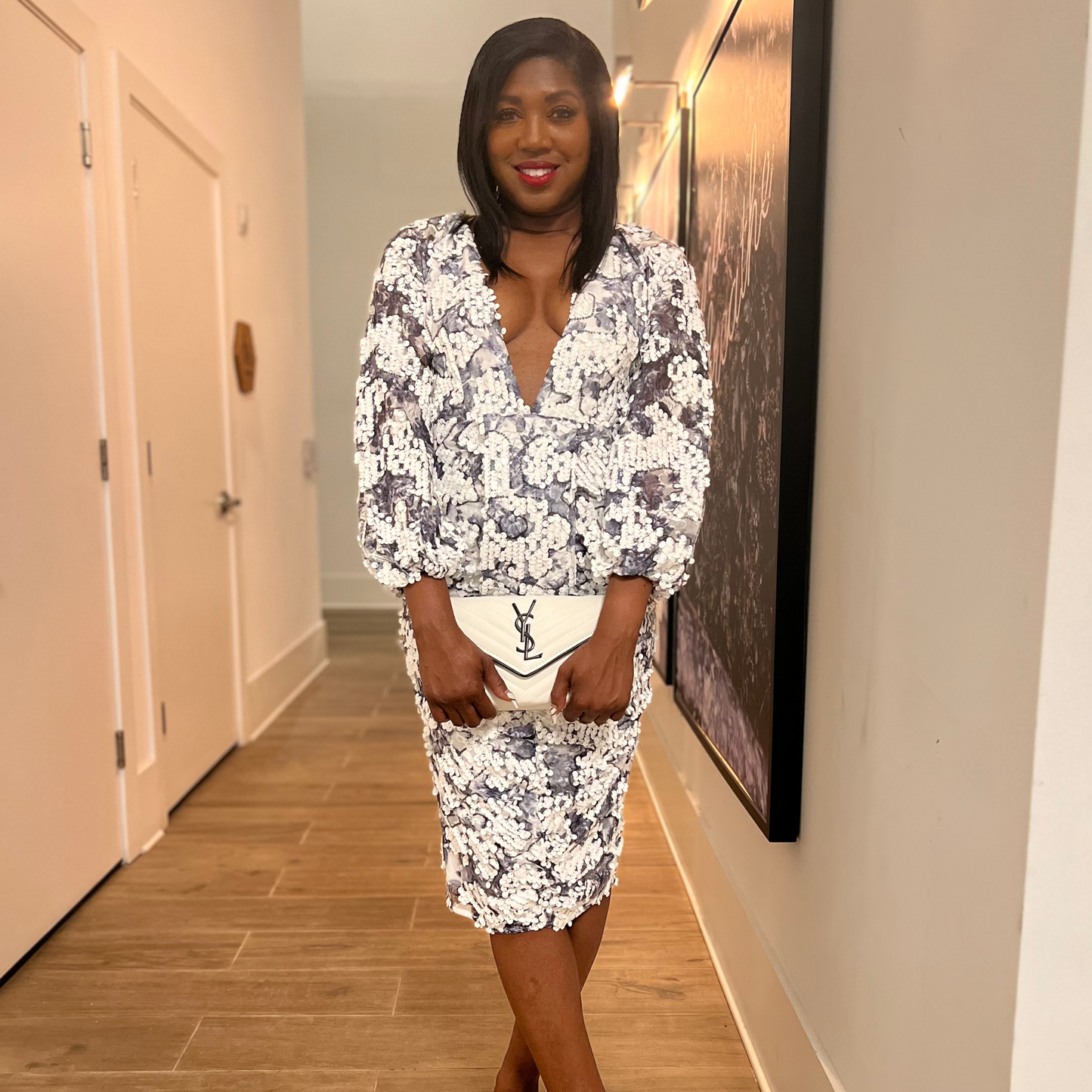 Occasion Sequin Puff Sleeve Midi Dress