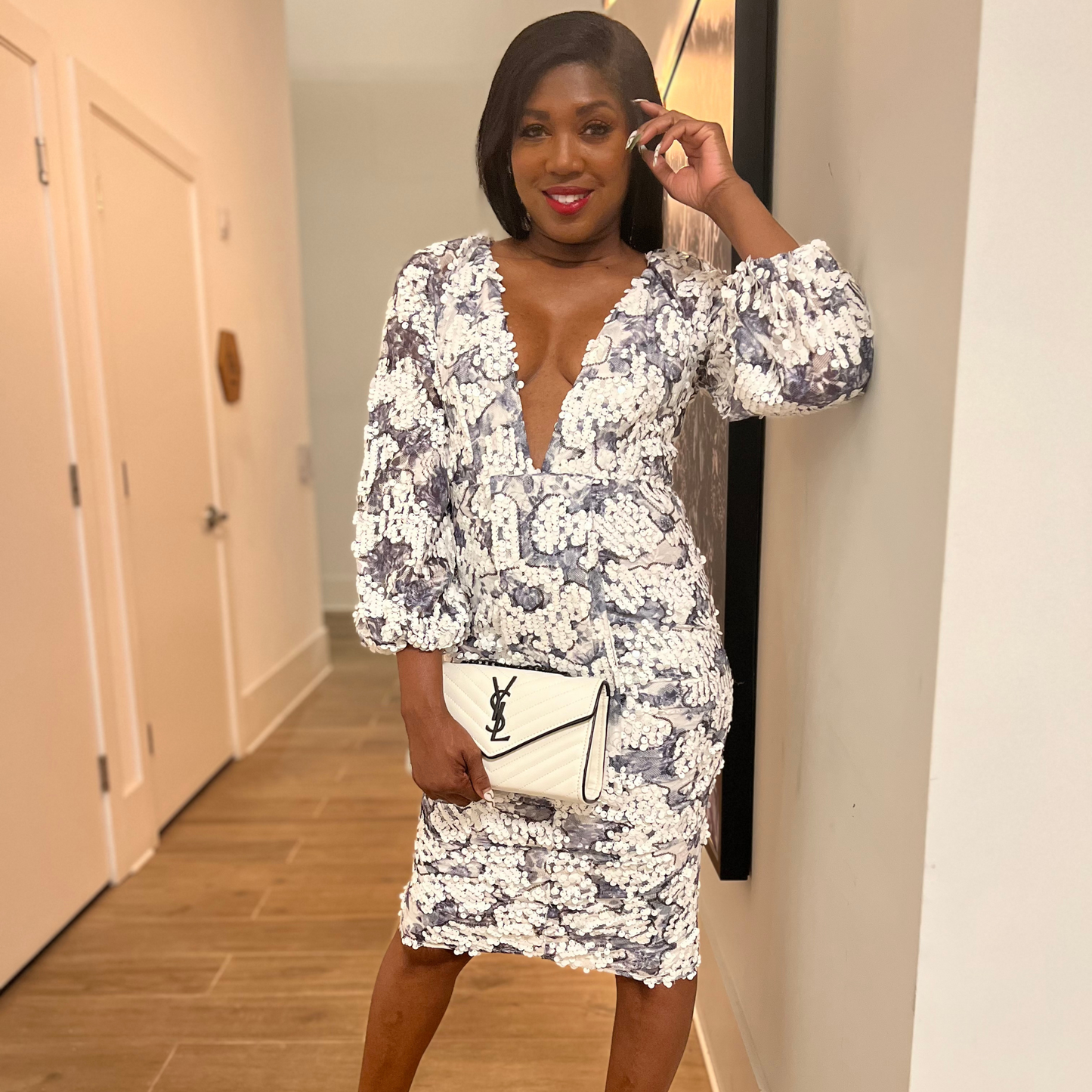 Occasion Sequin Puff Sleeve Midi Dress