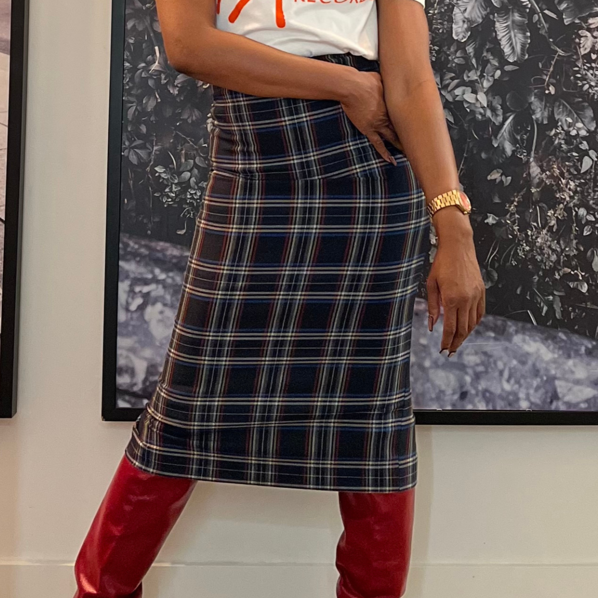 Navy Plaid Pencil Skirt