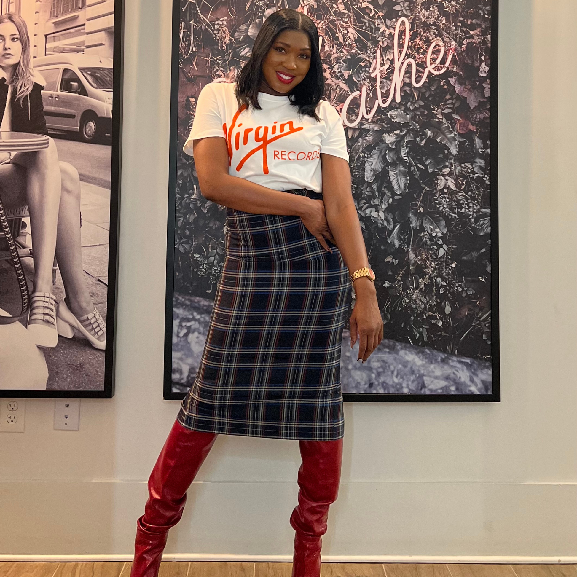 Navy Plaid Pencil Skirt - Main Image